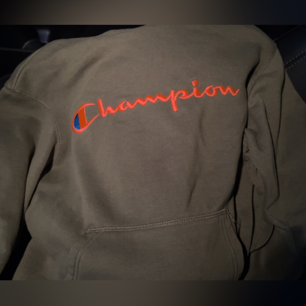 Champion Olive Sweatshirt with Vibrant Orange Logo